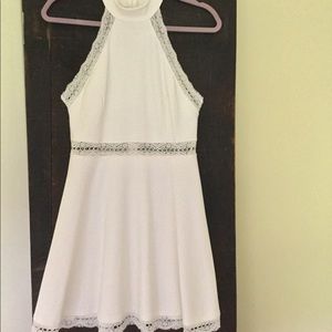 Ivory skater dress, high neck, lace trim